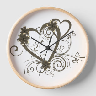 Flower Design Wall Clock, 10" Round Wood Frame Clock