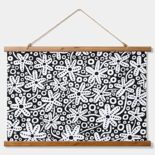 Flower Design - White on Black Hanging Tapestry