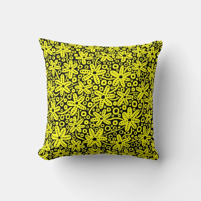 Flower Design - Yellow on Black Cushion (Front)
