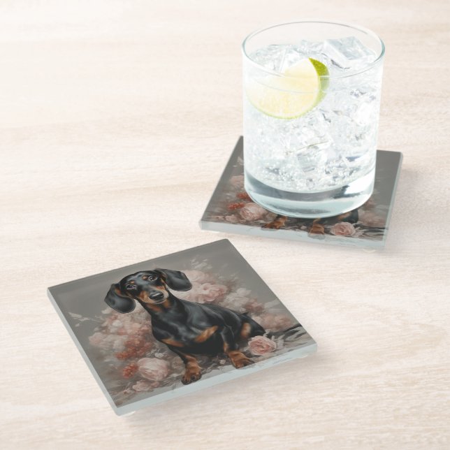 Flower Dog Breed Portraits 2 Glass Coaster (Angled)