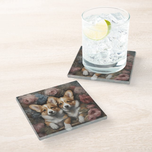 Flower Dog Breed Portraits 5 Glass Coaster (Angled)