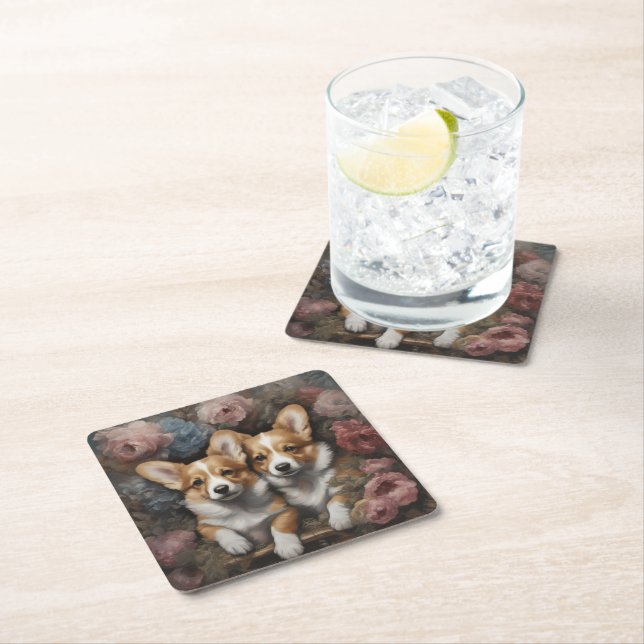 Flower Dog Breed Portraits 5 Square Paper Coaster (Insitu)