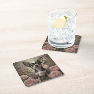 Flower Dog Breed Portraits 9 Square Paper Coaster