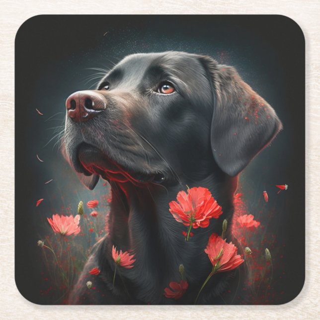 Flower dog glass underneath square paper coaster (Front)