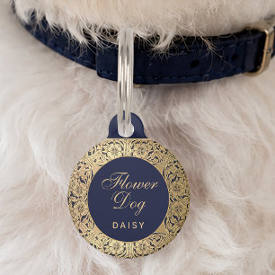 Flower Dog Gold Roses Navy Blue Elegant Wedding Pet Tag