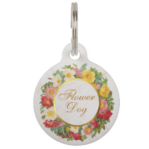 Flower Dog Rose Wreath Script Faux Gold Wedding Pet Tag