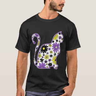 Flower doodle cat LGBTQ+ Nonbinary Pride Flag T-Shirt
