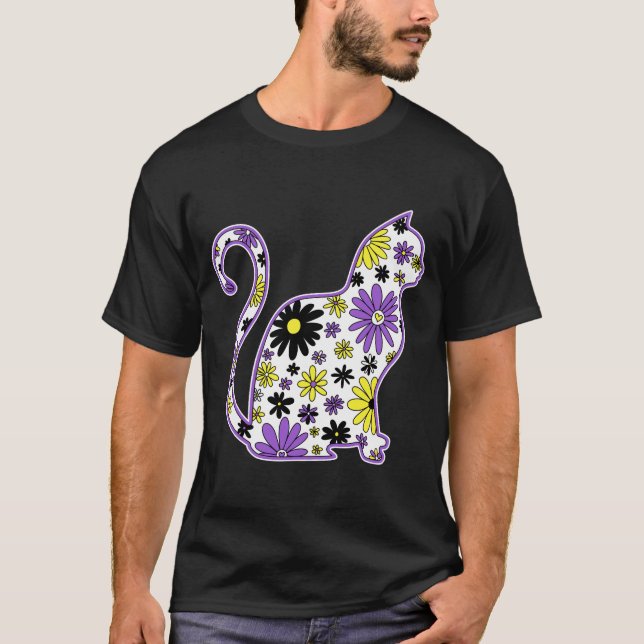 Flower doodle cat LGBTQ+ Nonbinary Pride Flag T-Shirt (Front)