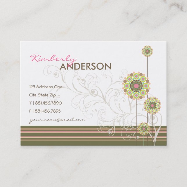 Flower Dots Swirls Pink Brown Custom Profile Card (Front)