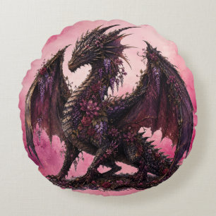 Flower Dragon Botanical Fantasy Dragon Round Cushion