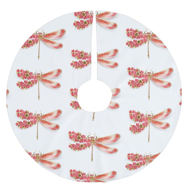 Flower dragonfly with jewellery sakura brushed polyester tree skirt (Front)