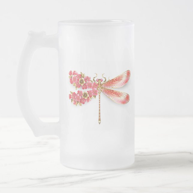 Flower dragonfly with jewellery sakura frosted glass beer mug (Left)