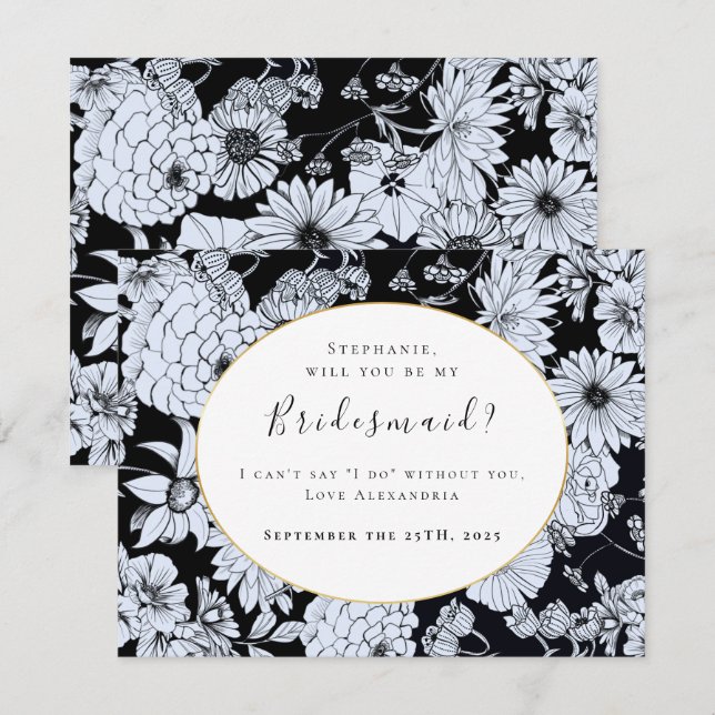Flower drawing, black white  "Be my bridesmaid"  Invitation (Front/Back)