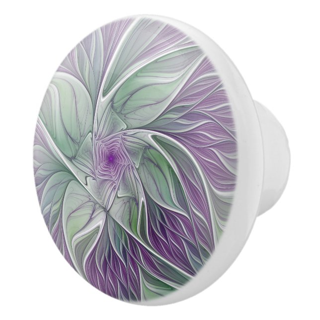 Flower Dream, Abstract Purple Green Fractal Art Ceramic Knob (Right)