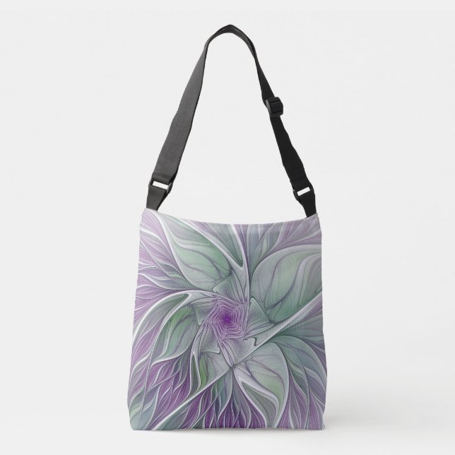 Flower Dream, Abstract Purple Green Fractal Art Crossbody Bag (Front)