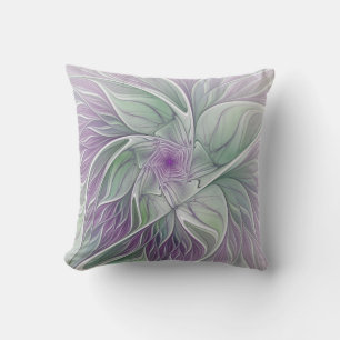 Flower Dream, Abstract Purple Green Fractal Art Cushion