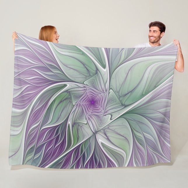 Flower Dream, Abstract Purple Green Fractal Art Fleece Blanket (In Situ)