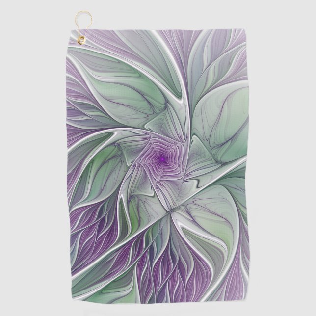 Flower Dream, Abstract Purple Green Fractal Art Golf Towel (Front)