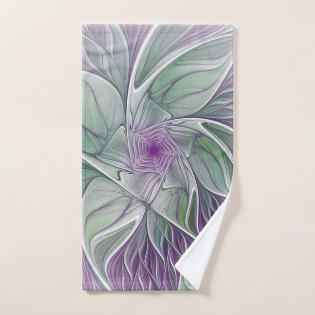 Flower Dream, Abstract Purple Green Fractal Art Hand Towel (Hand Towel)