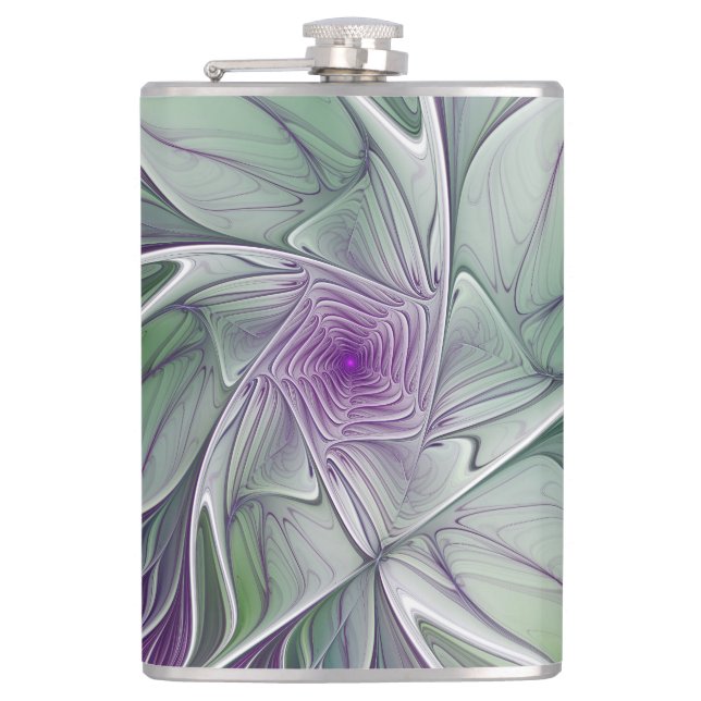Flower Dream, Abstract Purple Green Fractal Art Hip Flask (Front)