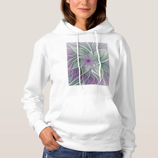 Flower Dream, Abstract Purple Green Fractal Art Hoodie (Front)