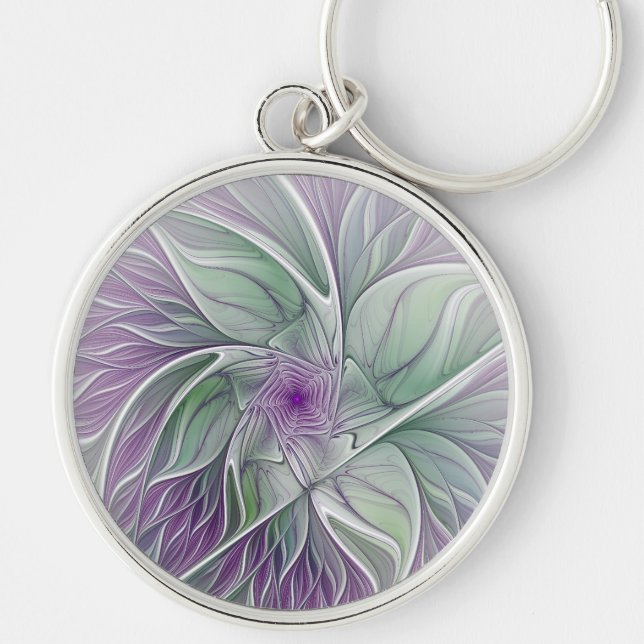 Flower Dream, Abstract Purple Green Fractal Art Key Ring (Front)