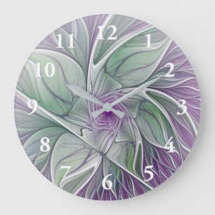 Flower Dream, Abstract Purple Green Fractal Art Large Clock