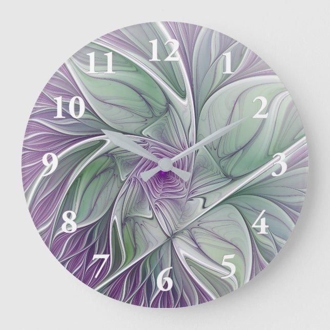 Flower Dream, Abstract Purple Green Fractal Art Large Clock (Front)