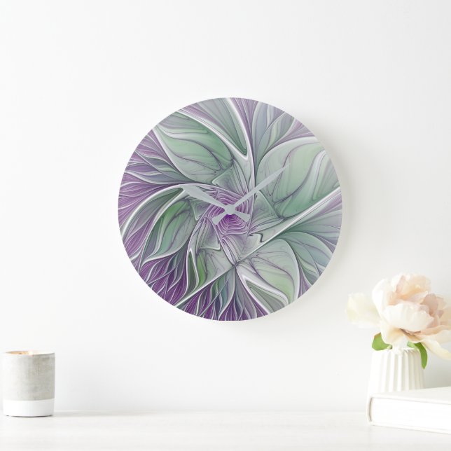 Flower Dream, Abstract Purple Green Fractal Art Large Clock (Home)