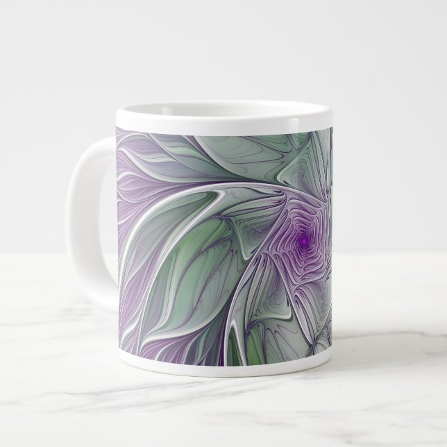 Flower Dream, Abstract Purple Green Fractal Art Large Coffee Mug (Front Left)