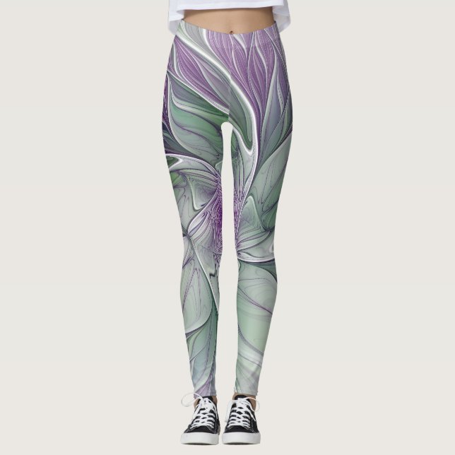 Flower Dream, Abstract Purple Green Fractal Art Leggings (Front)