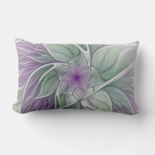 Flower Dream, Abstract Purple Green Fractal Art Lumbar Cushion (Front)