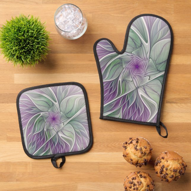 Flower Dream, Abstract Purple Green Fractal Art Oven Mitt & Pot Holder Set (Top Down)