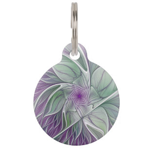 Flower Dream, Abstract Purple Green Fractal Art Pet Tag