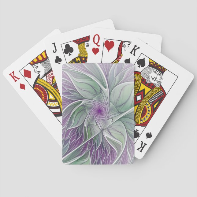 Flower Dream, Abstract Purple Green Fractal Art Playing Cards (Back)