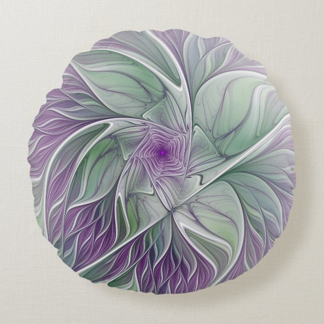 Flower Dream, Abstract Purple Green Fractal Art Round Cushion (Front)