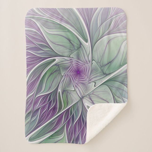 Flower Dream, Abstract Purple Green Fractal Art Sherpa Blanket (Front)