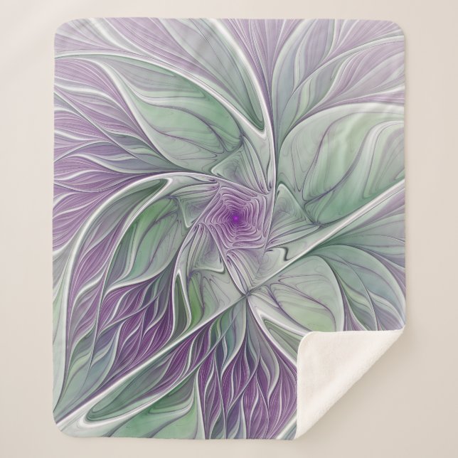 Flower Dream, Abstract Purple Green Fractal Art Sherpa Blanket (Front)