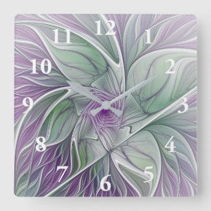 Flower Dream, Abstract Purple Green Fractal Art Square Wall Clock
