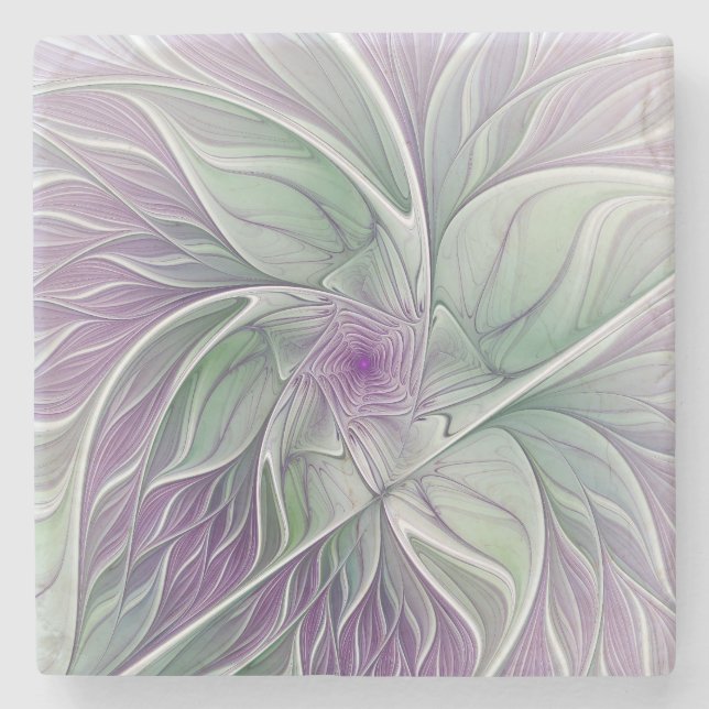 Flower Dream, Abstract Purple Green Fractal Art Stone Coaster (Front)