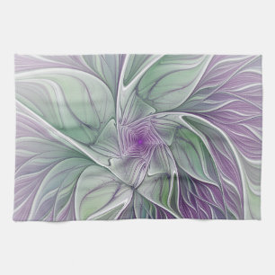 Flower Dream, Abstract Purple Green Fractal Art Tea Towel