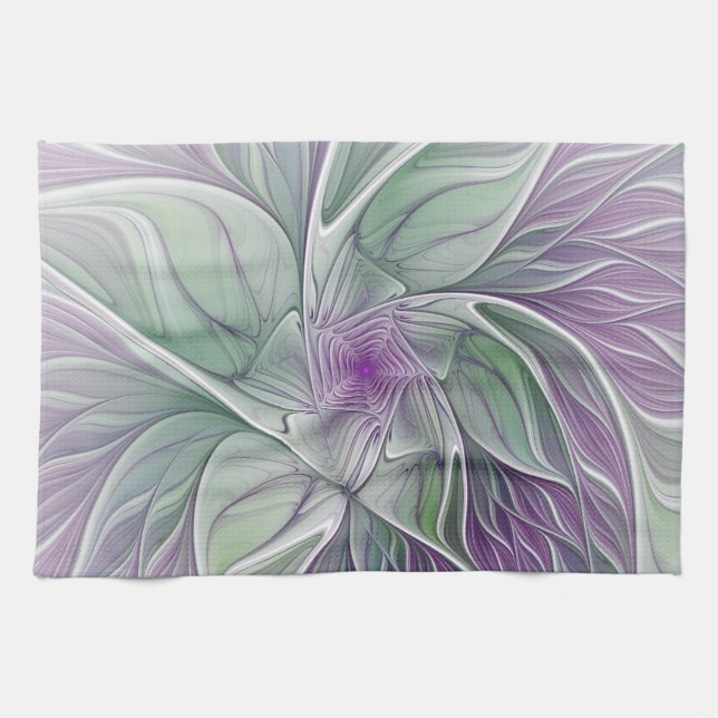 Flower Dream, Abstract Purple Green Fractal Art Tea Towel (Horizontal)