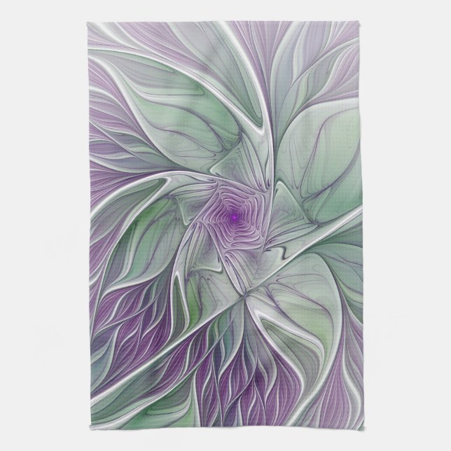 Flower Dream, Abstract Purple Green Fractal Art Tea Towel (Vertical)