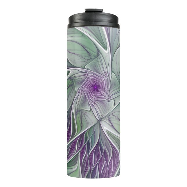 Flower Dream, Abstract Purple Green Fractal Art Thermal Tumbler (Front)