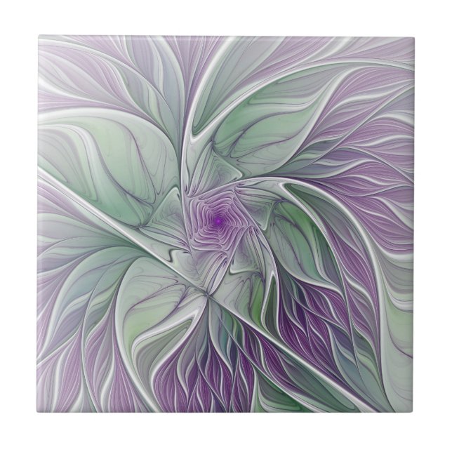 Flower Dream, Abstract Purple Green Fractal Art Tile (Front)