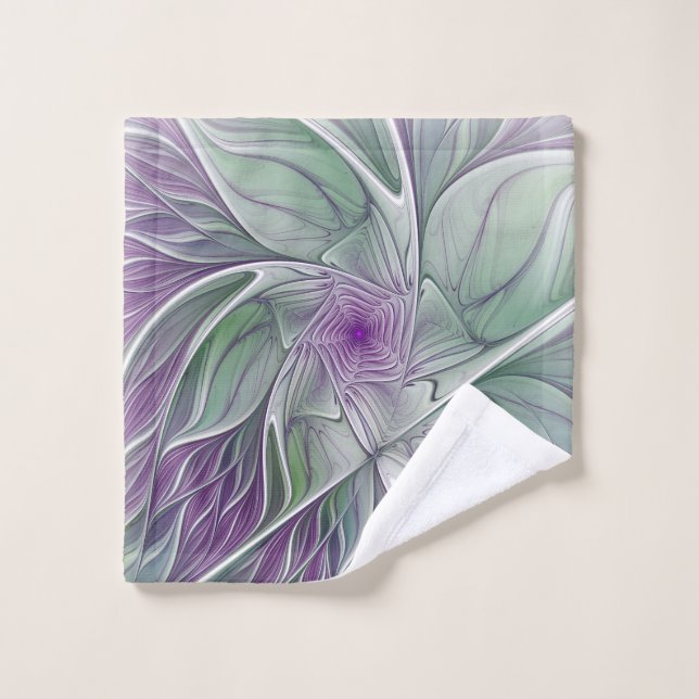 Flower Dream, Abstract Purple Green Fractal Art Wash Cloth (Wash Cloth)