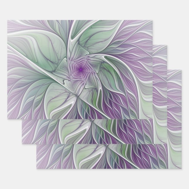 Flower Dream, Abstract Purple Green Fractal Art Wrapping Paper Sheet (Set)