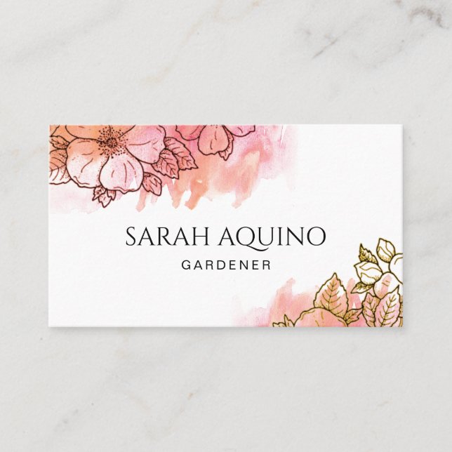 Flower Edge Water Colour Wash Gardener Business Card (Front)