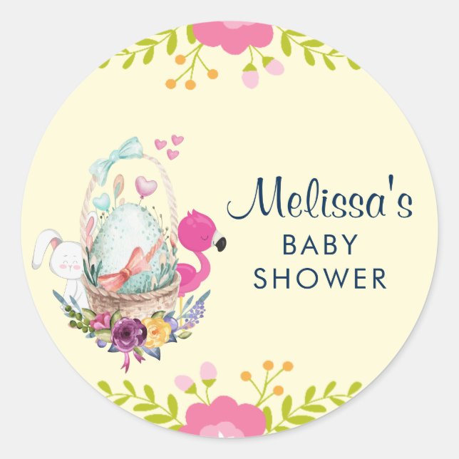 Flower, Egg, Flamingo Baby Shower Classic Round Sticker (Front)