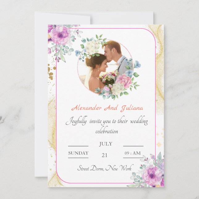 Flower Elegant calligraph photo wedding invitation (Front)